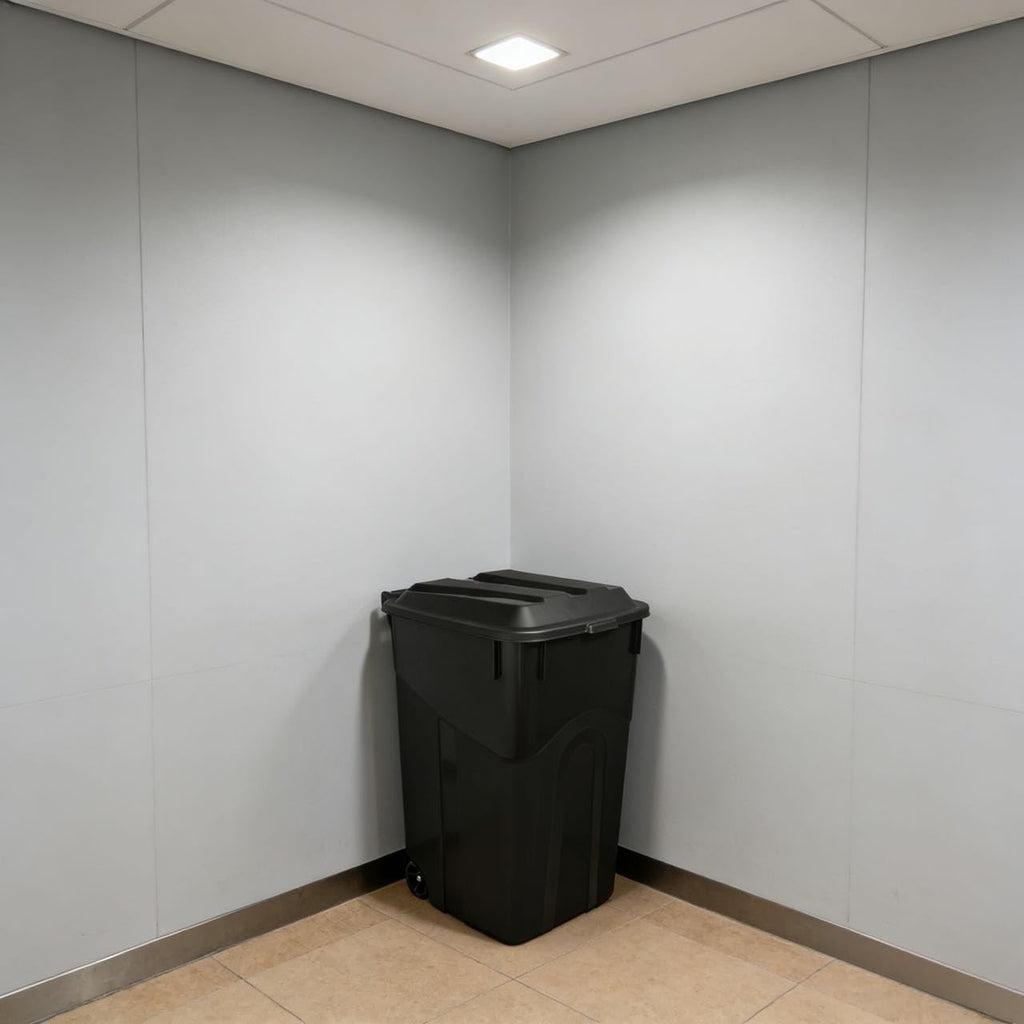 45 Gallon Black Wheeled Garbage Can with Attached Lid O7552