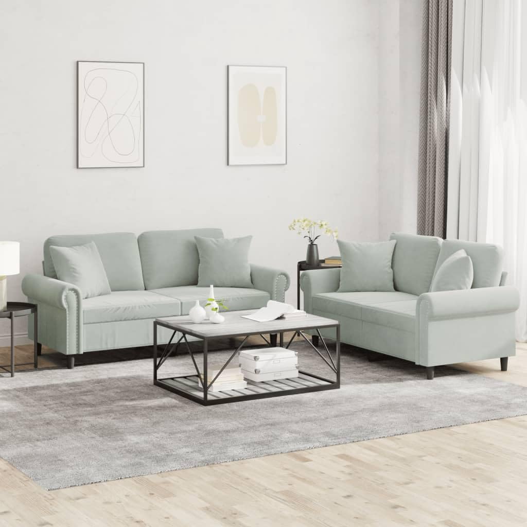 Light Gray Velvet 2 Piece Sofa Set with Pillows A45085