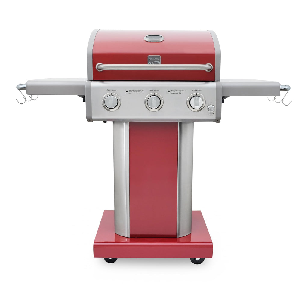 3-Burner Liquid Propane Gas Grill with Folding Sides, Wheels, 30000 BTU, Red V8790