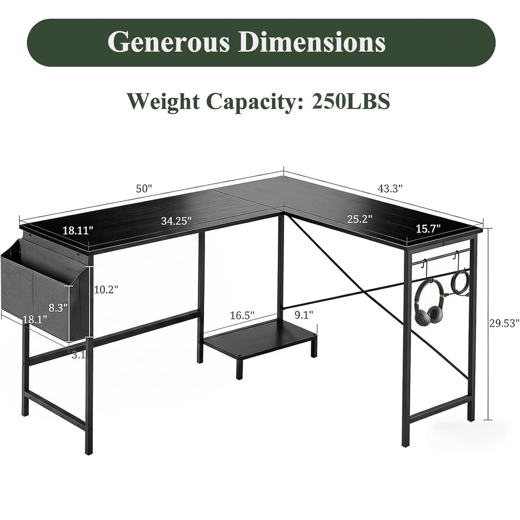 L Shaped 50 Inch Reversible Computer Desk with CPU Stand T6695
