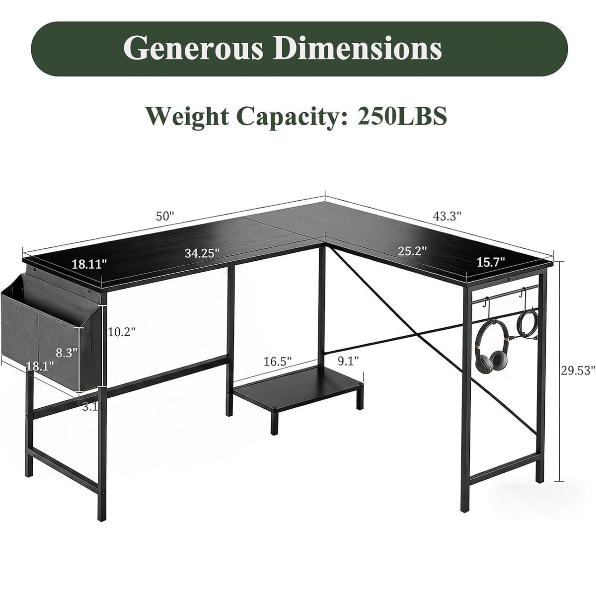 L Shaped 50 Inch Reversible Computer Desk with CPU Stand T6695