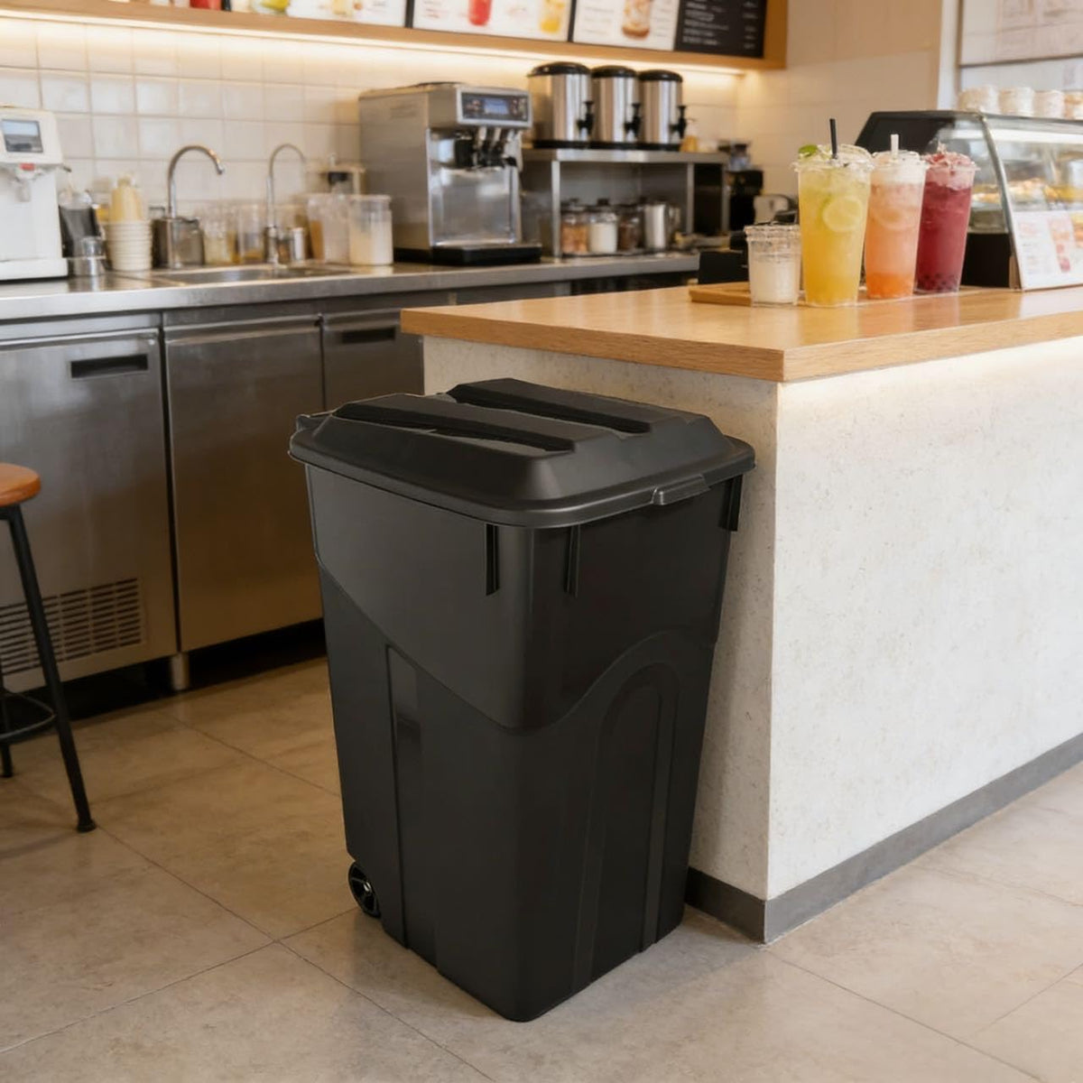 45 Gallon Black Wheeled Garbage Can with Attached Lid O7552