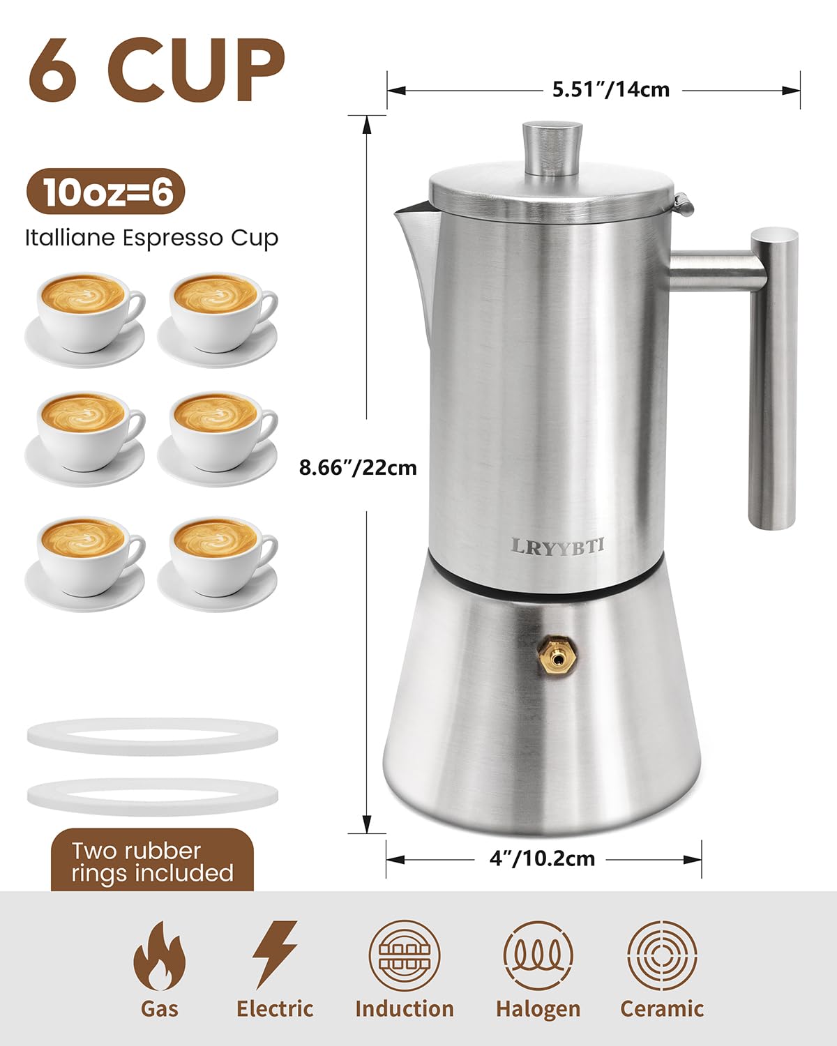 6 Cup Stainless Steel Stovetop Moka Pot J144