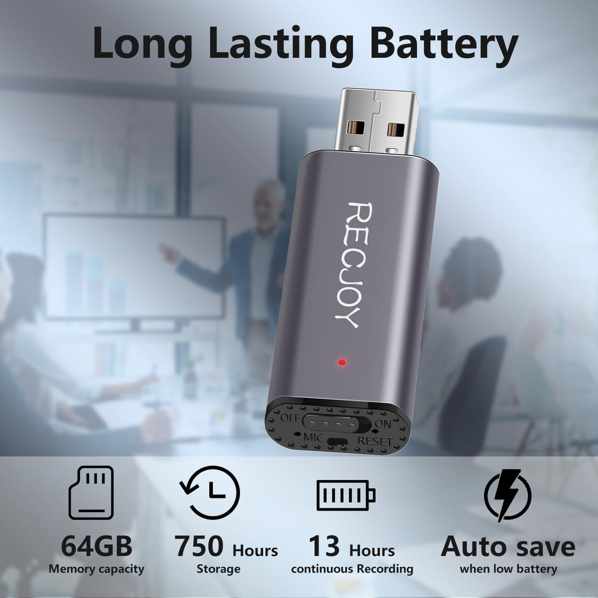 64GB USB Digital Voice Recorder with 750Hrs Storage Capacity U931705