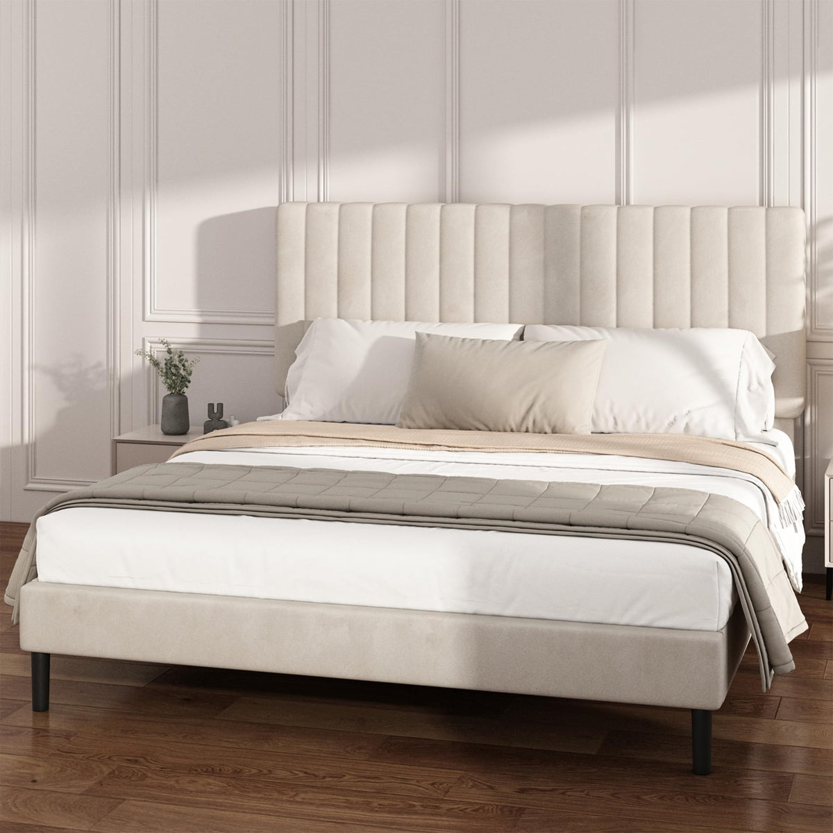 Beige Queen Velvet Bed Frame Z839465