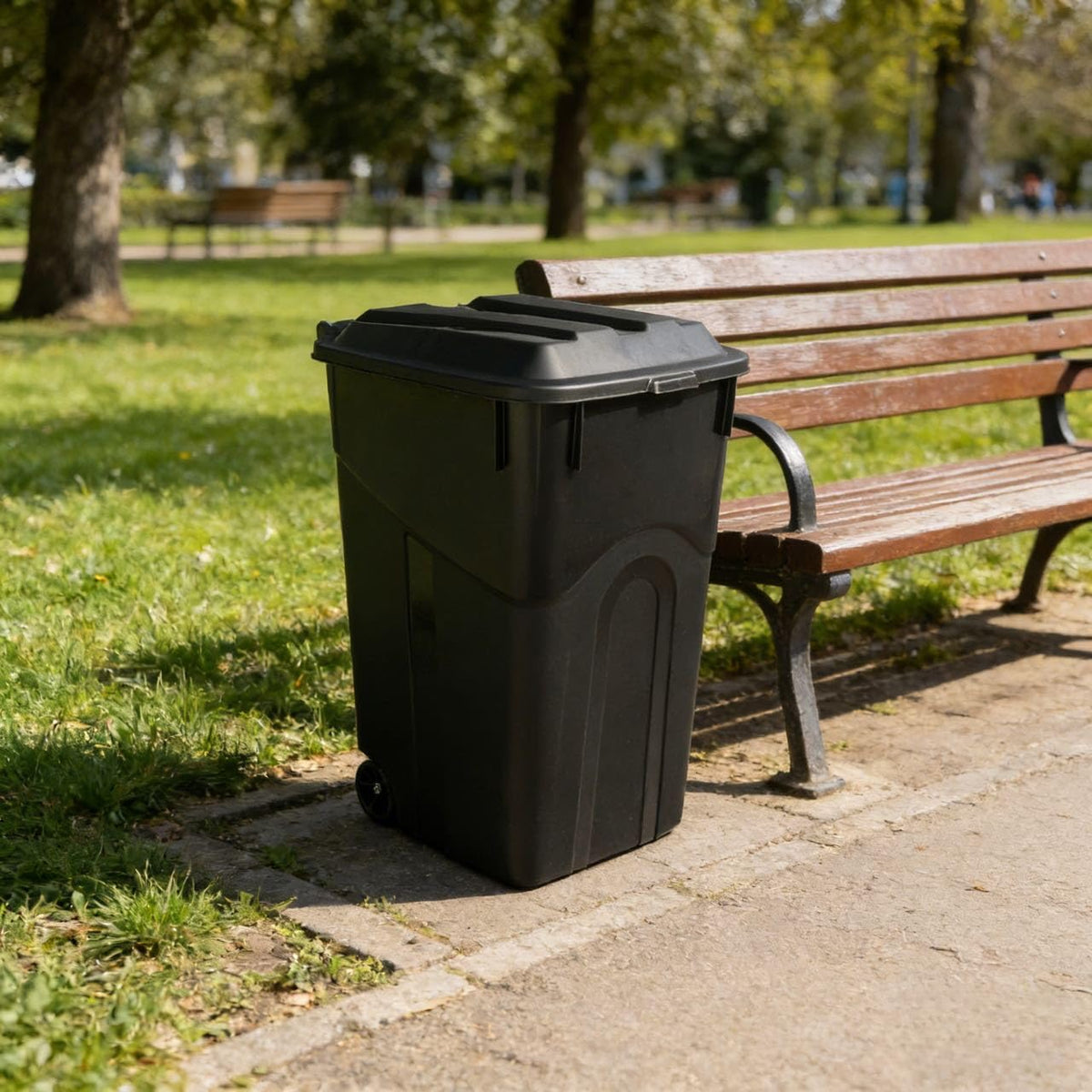 45 Gallon Black Wheeled Garbage Can with Attached Lid O7552