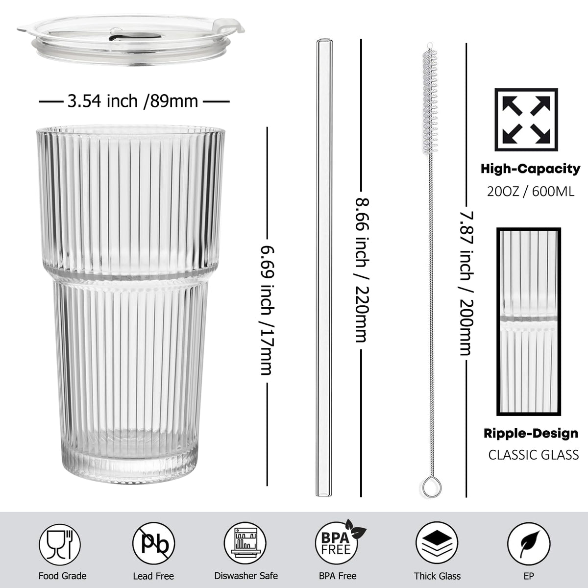 20 oz Ribbed Glass Tumbler with Lids and Straws, Pack of 2 T466