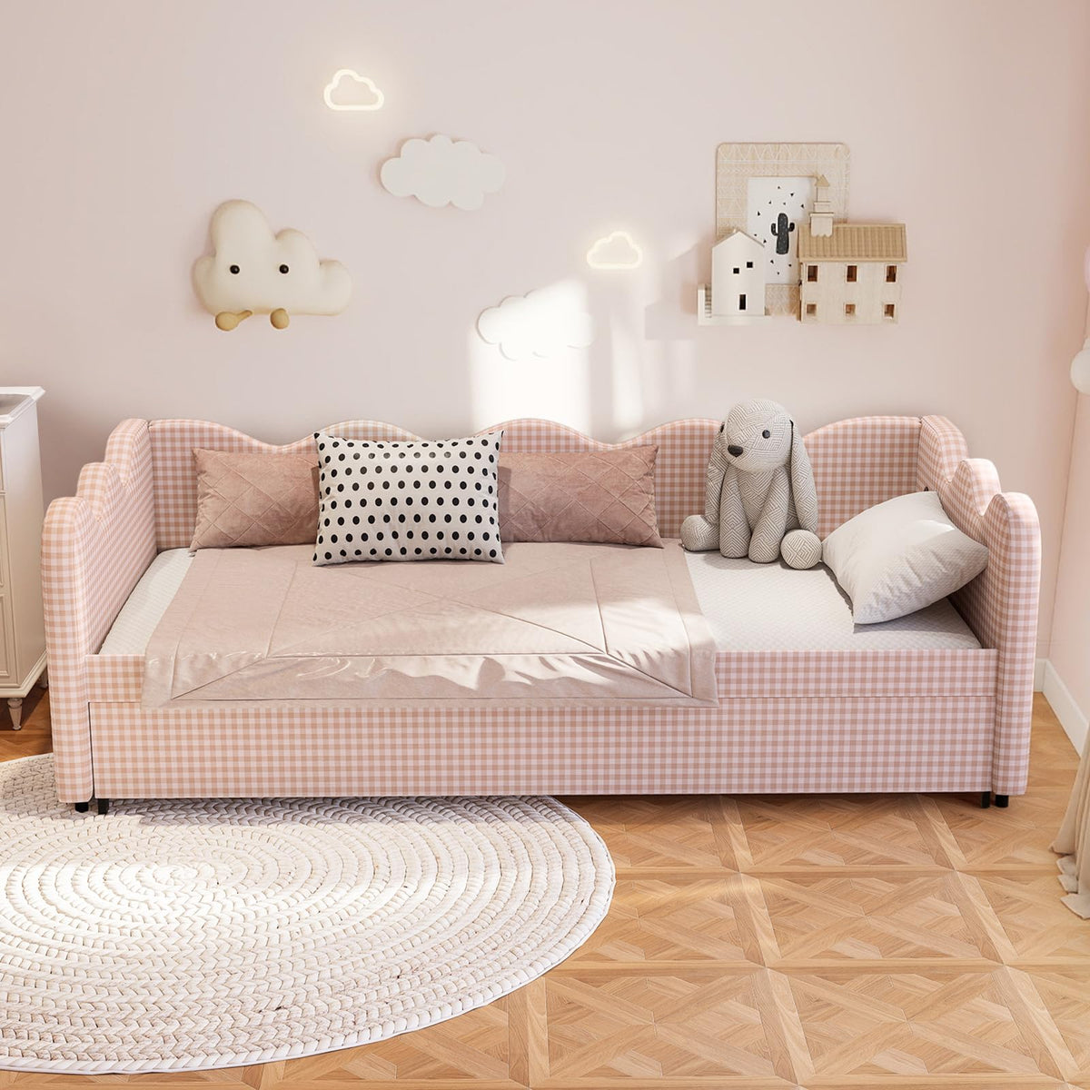 Pink Gingham Twin Size Daybed with Trundle W23381