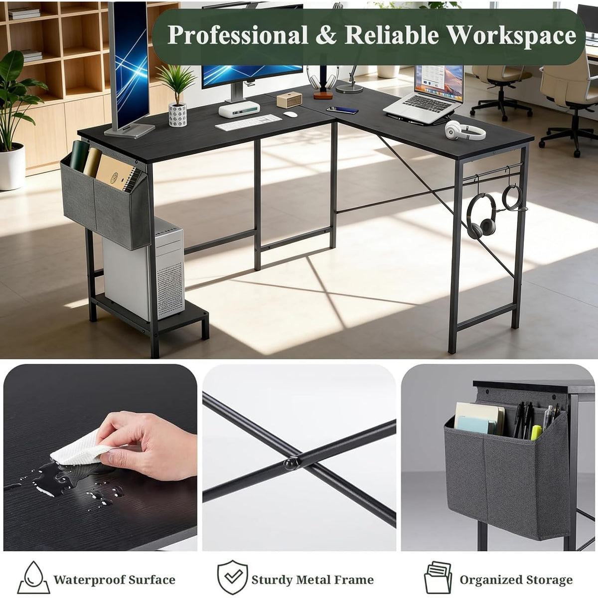L Shaped 50 Inch Reversible Computer Desk with CPU Stand T6695