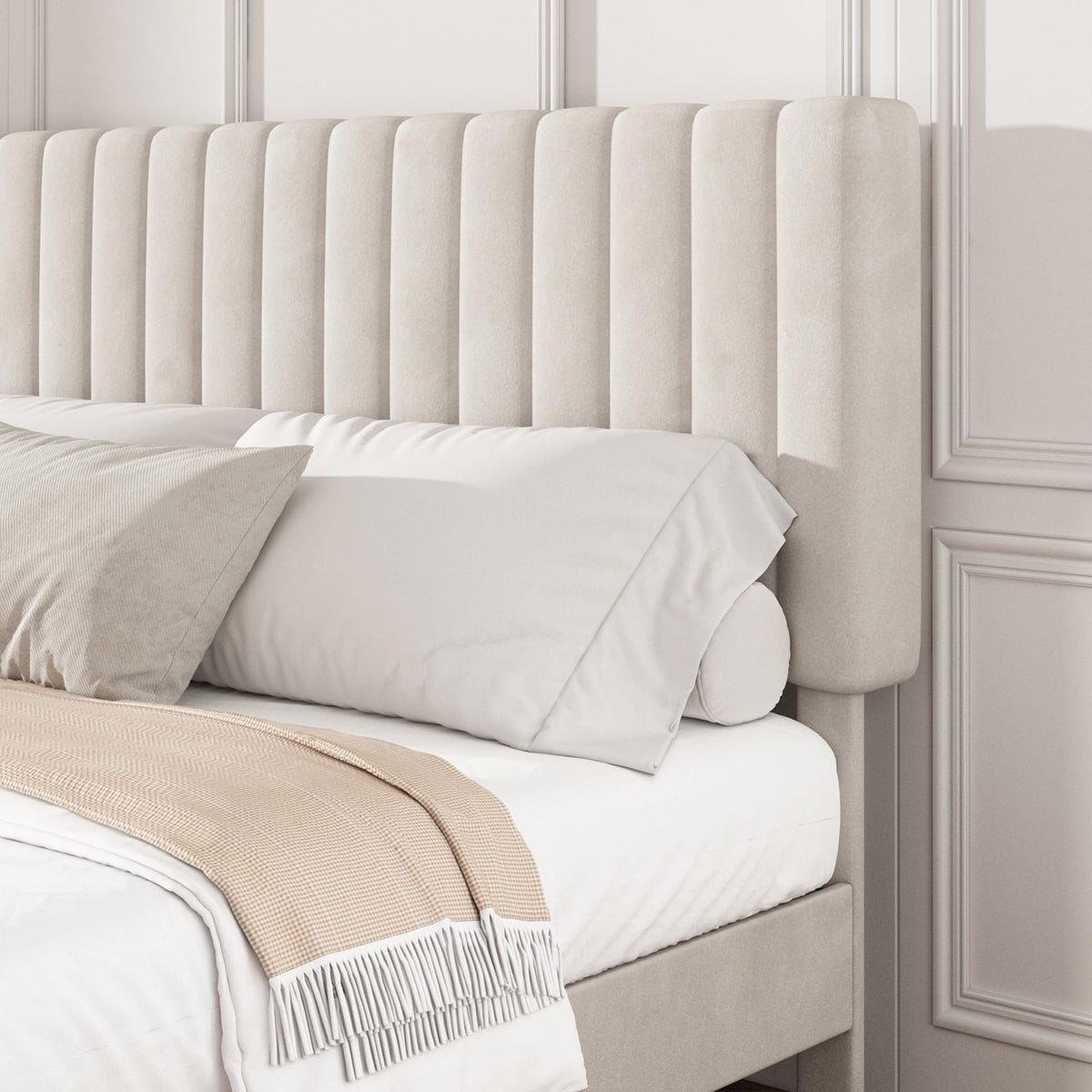 Beige Queen Velvet Bed Frame Z839465