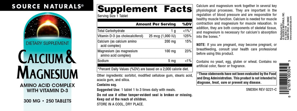 Calcium & Magnesium 300 MG 250 Tablets K878