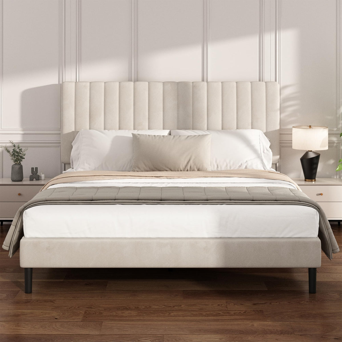 Beige Queen Velvet Bed Frame Z839465