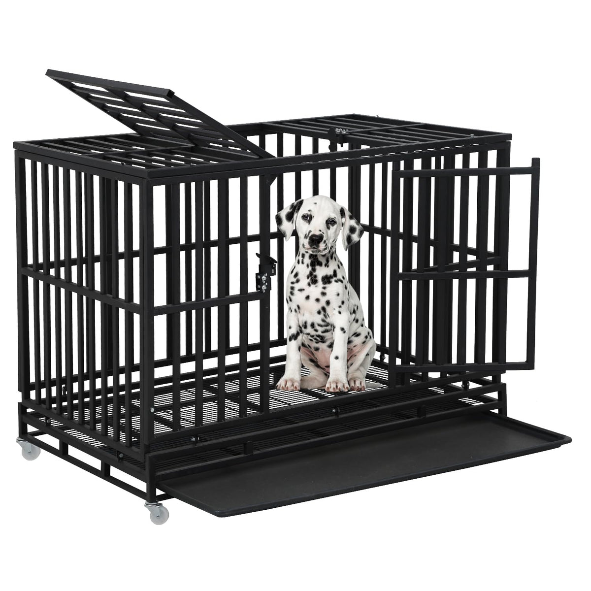 48 Inch Heavy Duty Dog Crate with Plastic Tray Double Doors J566771