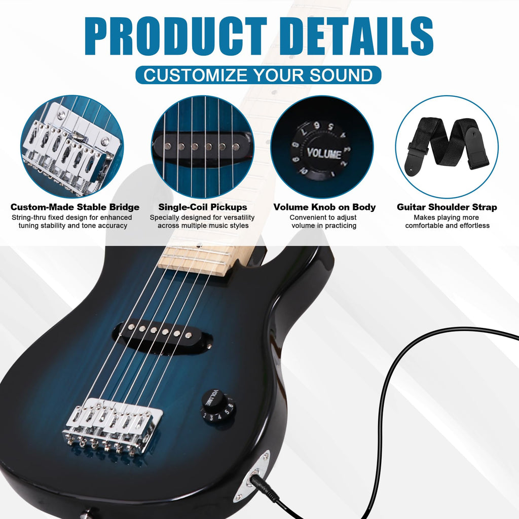 30 Inch Blue Solid Wood Electric Guitar Starter Kit with Amplifier I785