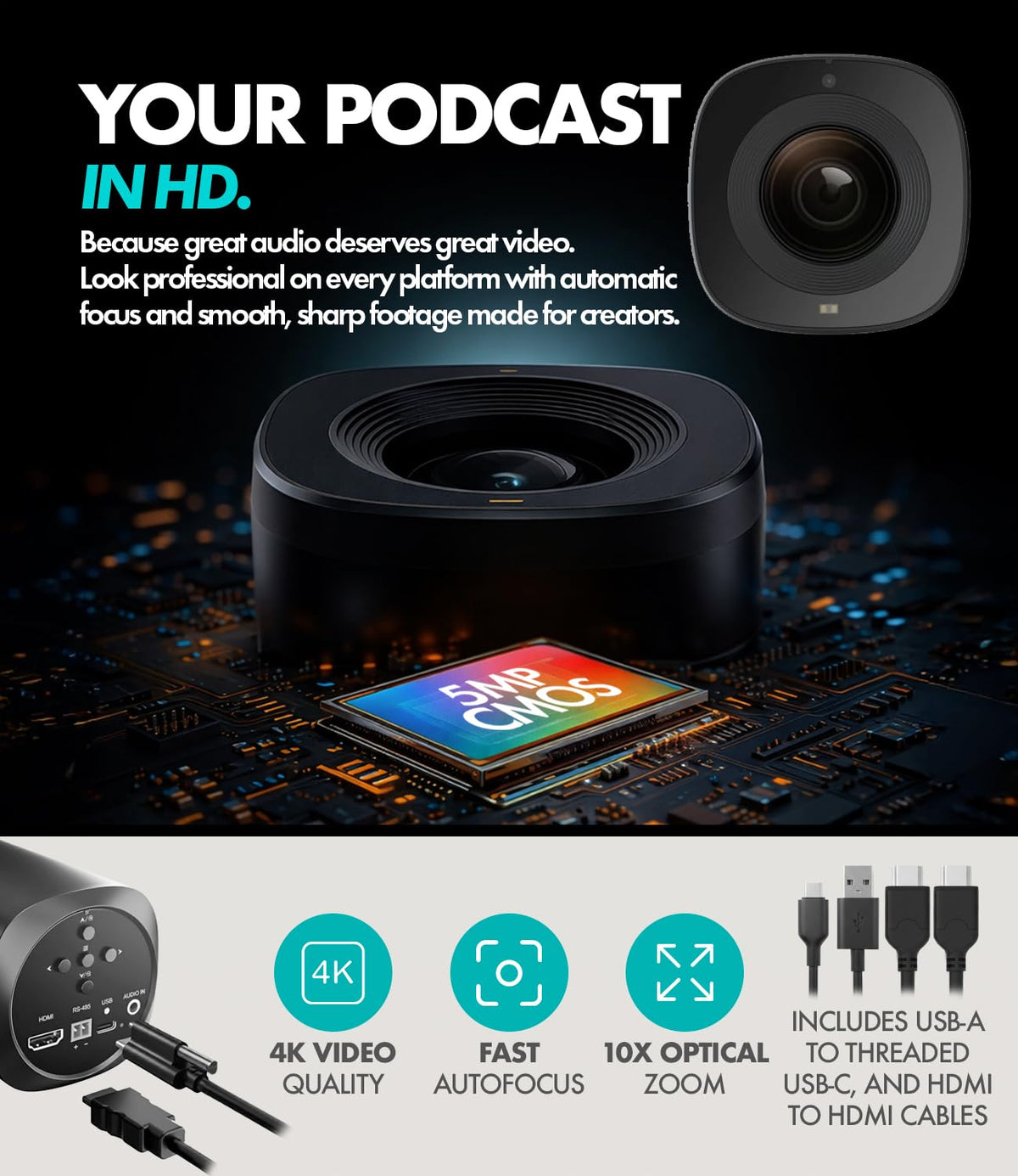 USB Audio Interface 2 XLR Dynamic Microphones 2 4K UHD Cameras Podcast Equipment Bundle A5555