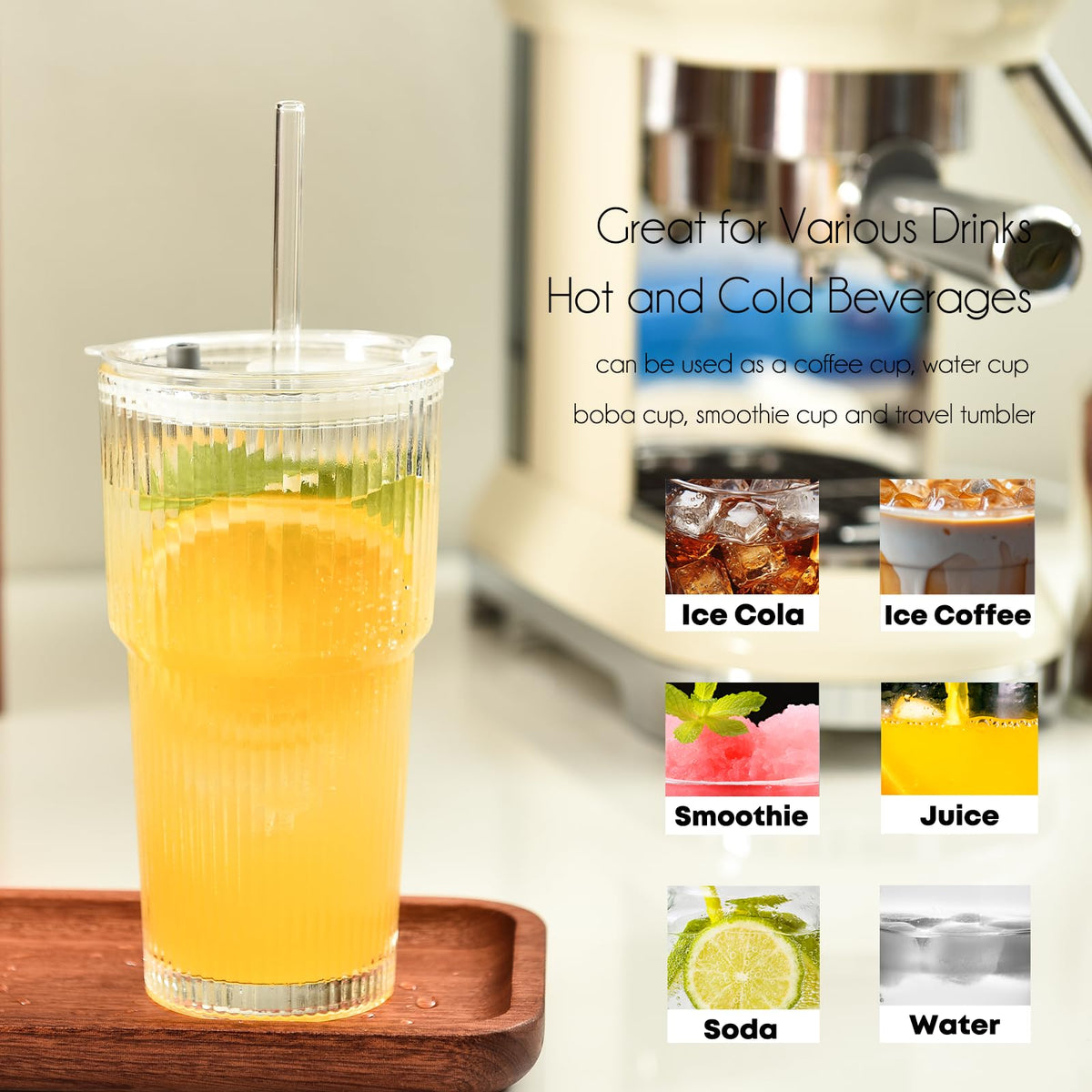 20 oz Ribbed Glass Tumbler with Lids and Straws, Pack of 2 T466