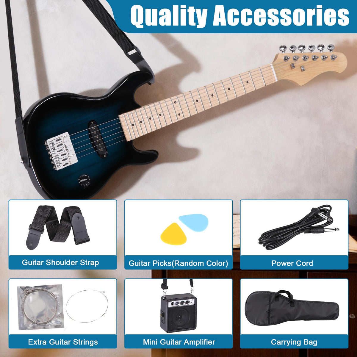 30 Inch Blue Solid Wood Electric Guitar Starter Kit with Amplifier I785