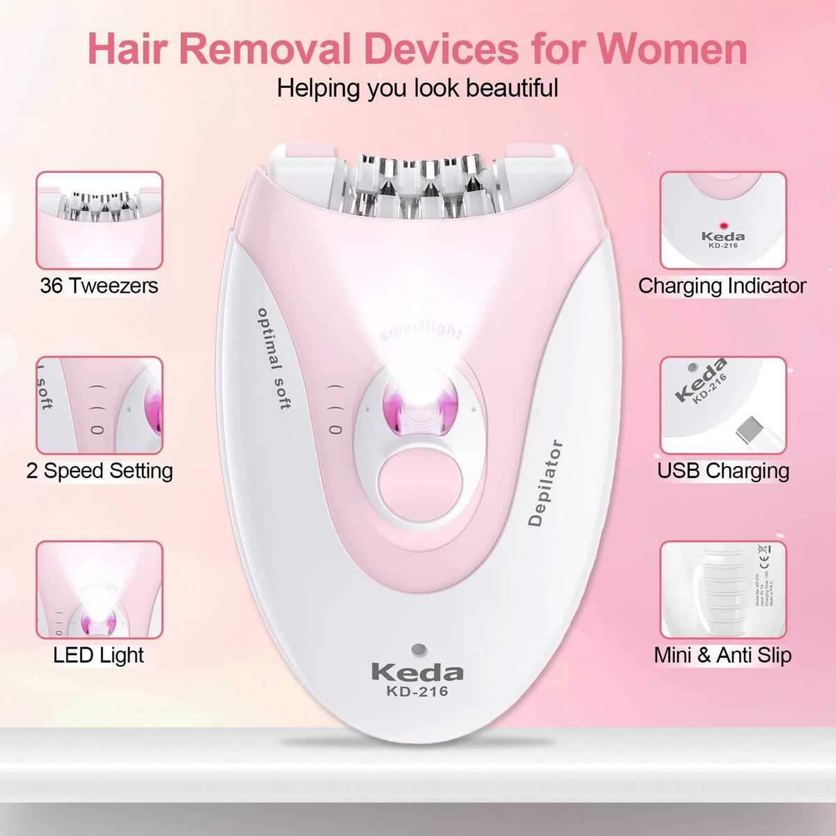 2 Speeds Rechargeable Epilator with LED Light F765