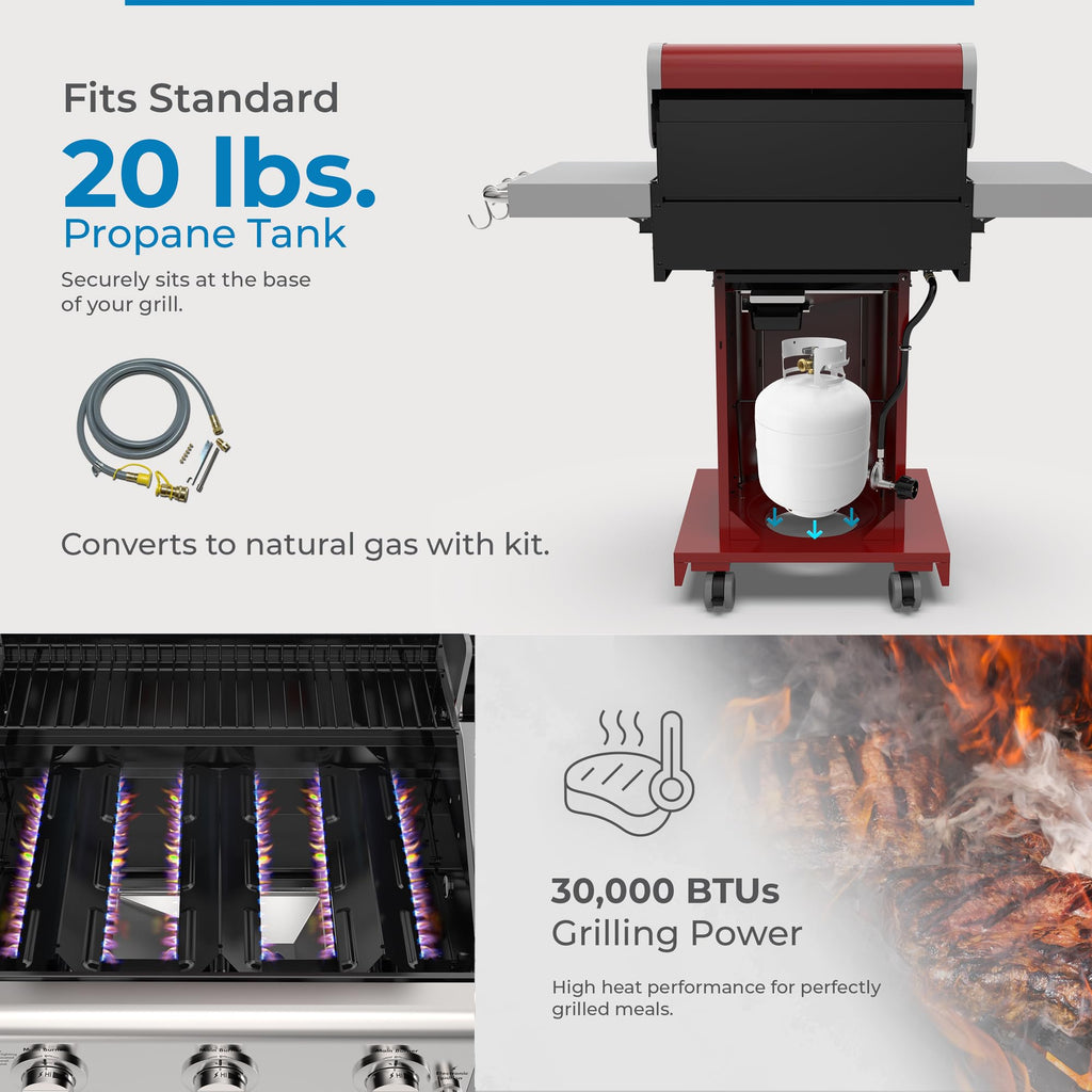 3-Burner Liquid Propane Gas Grill with Folding Sides, Wheels, 30000 BTU, Red V8790
