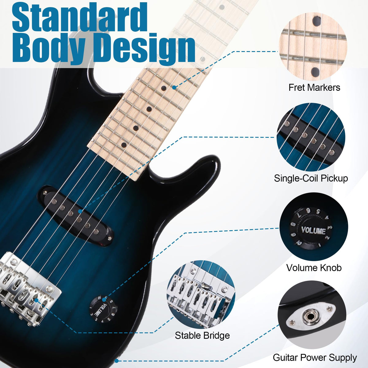 30 Inch Blue Solid Wood Electric Guitar Starter Kit with Amplifier I785
