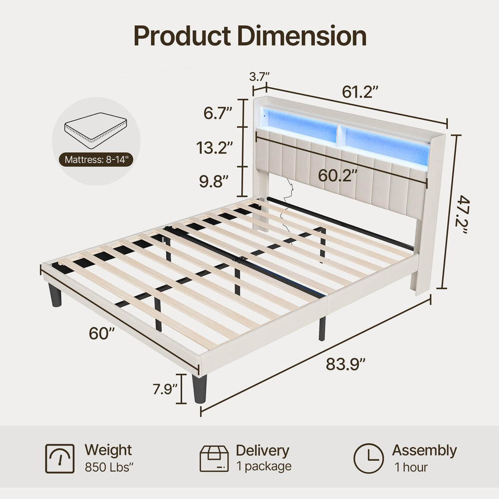 Beige Queen Size Upholstered Platform Bed Frame with Headboard K222