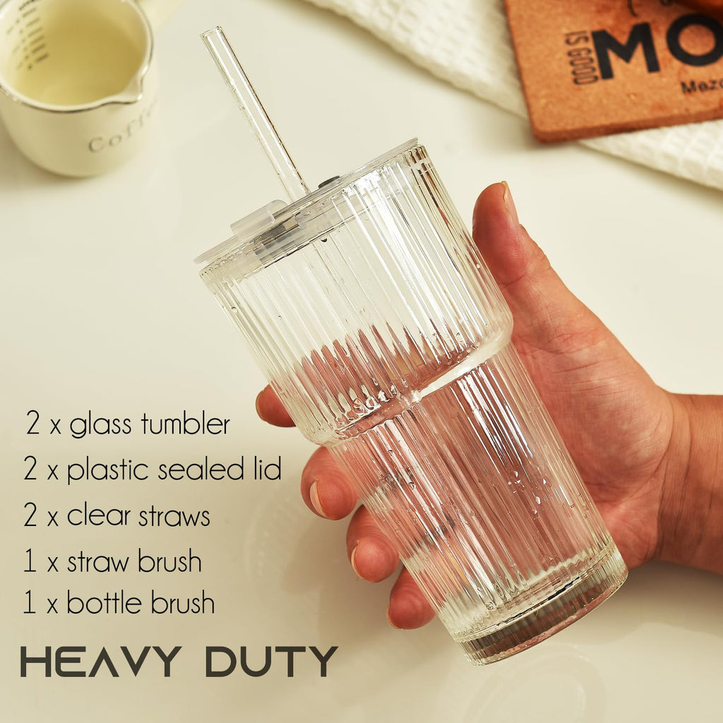 20 oz Ribbed Glass Tumbler with Lids and Straws, Pack of 2 T466