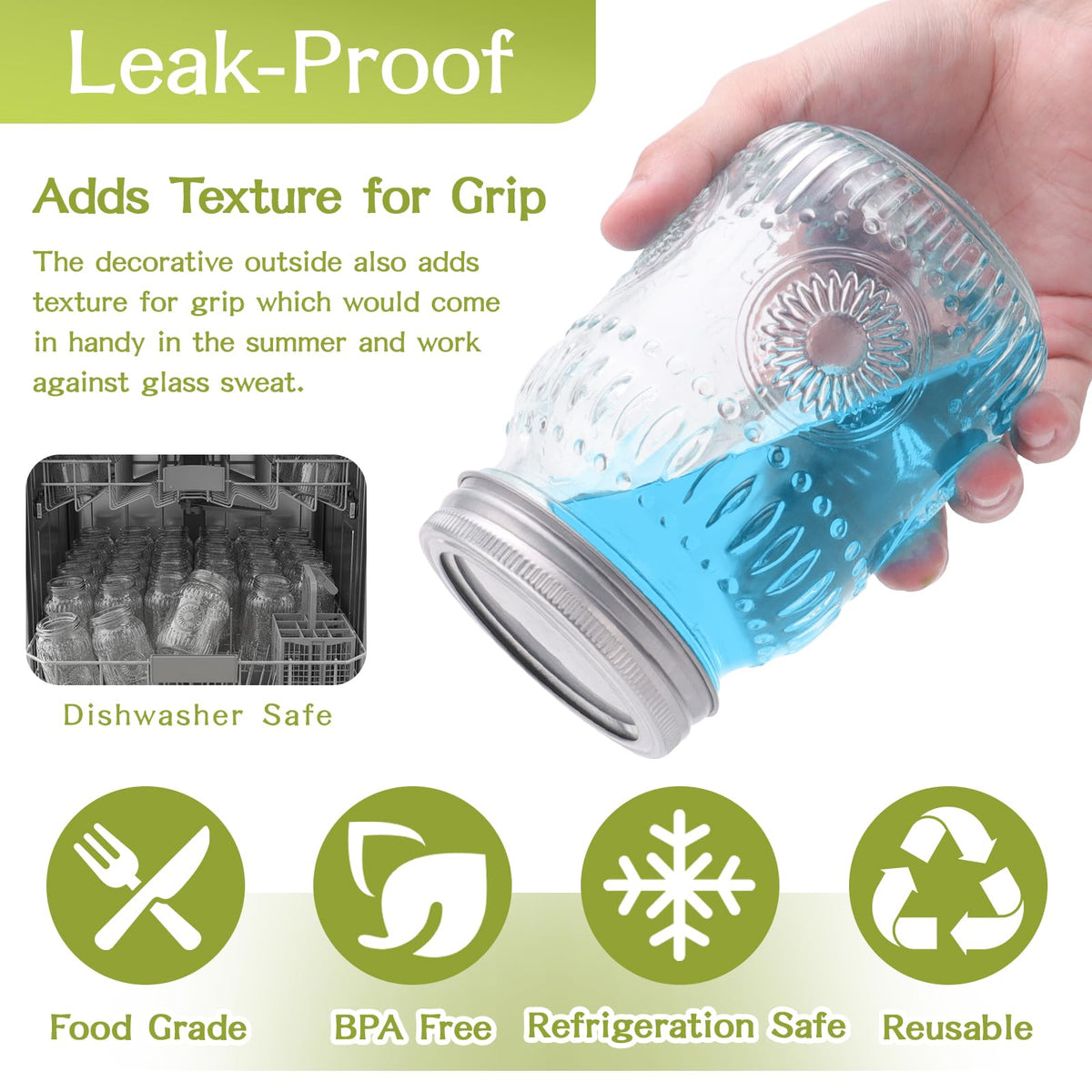16 oz Embossed Glass Mason Jars 15Pack with Airtight Lids D2646