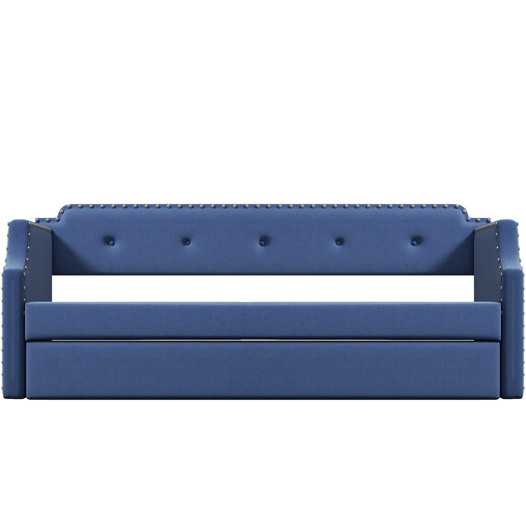 Blue Linen Fabric Upholstered Twin Daybed with Trundle B38270