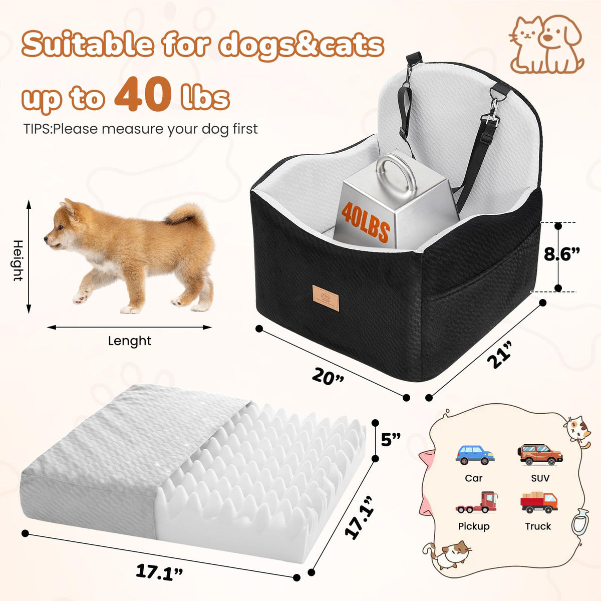 Dog Booster Car Seat for Small Dogs Up to 40lbs with Safety Belt L649903