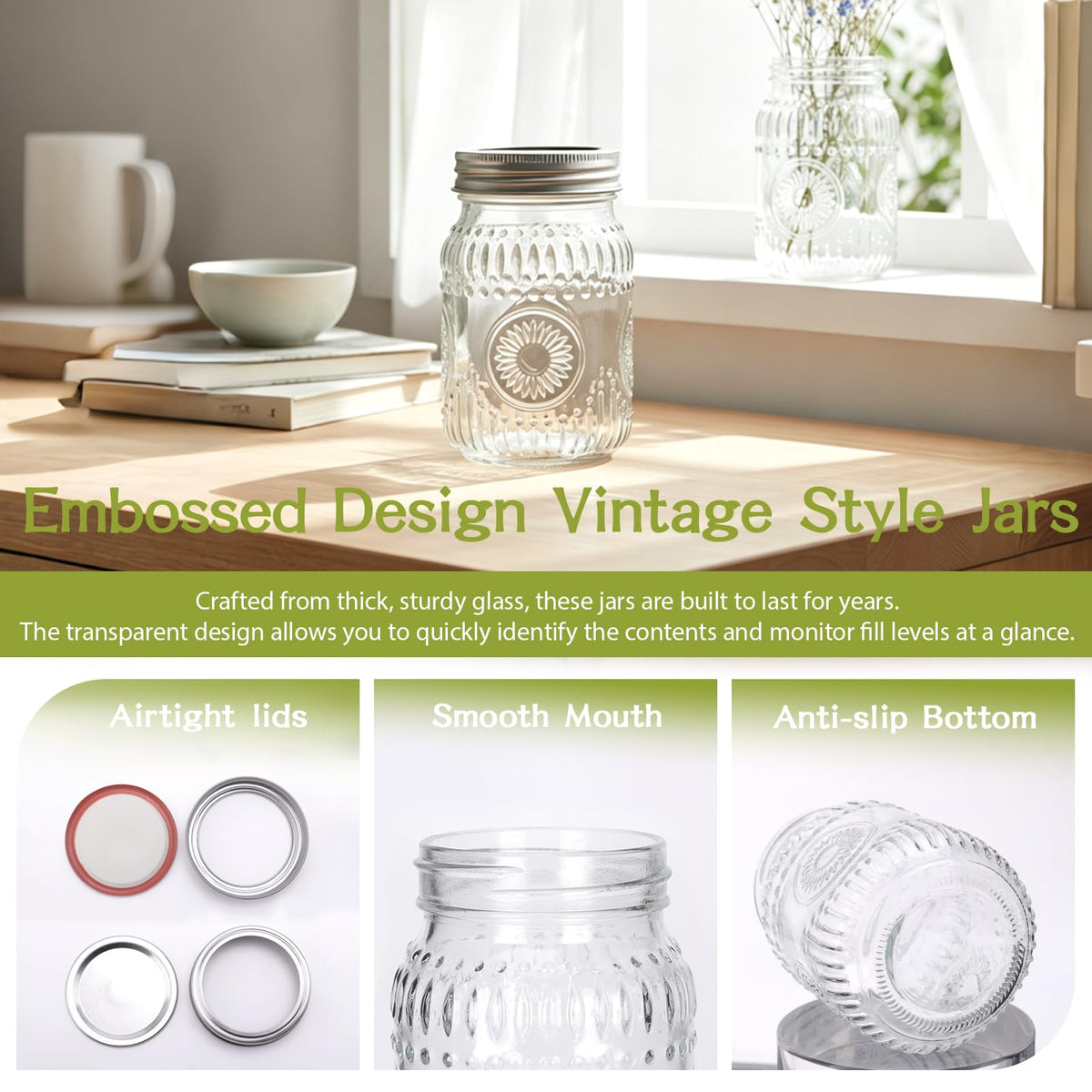 16 oz Embossed Glass Mason Jars 15Pack with Airtight Lids D2646