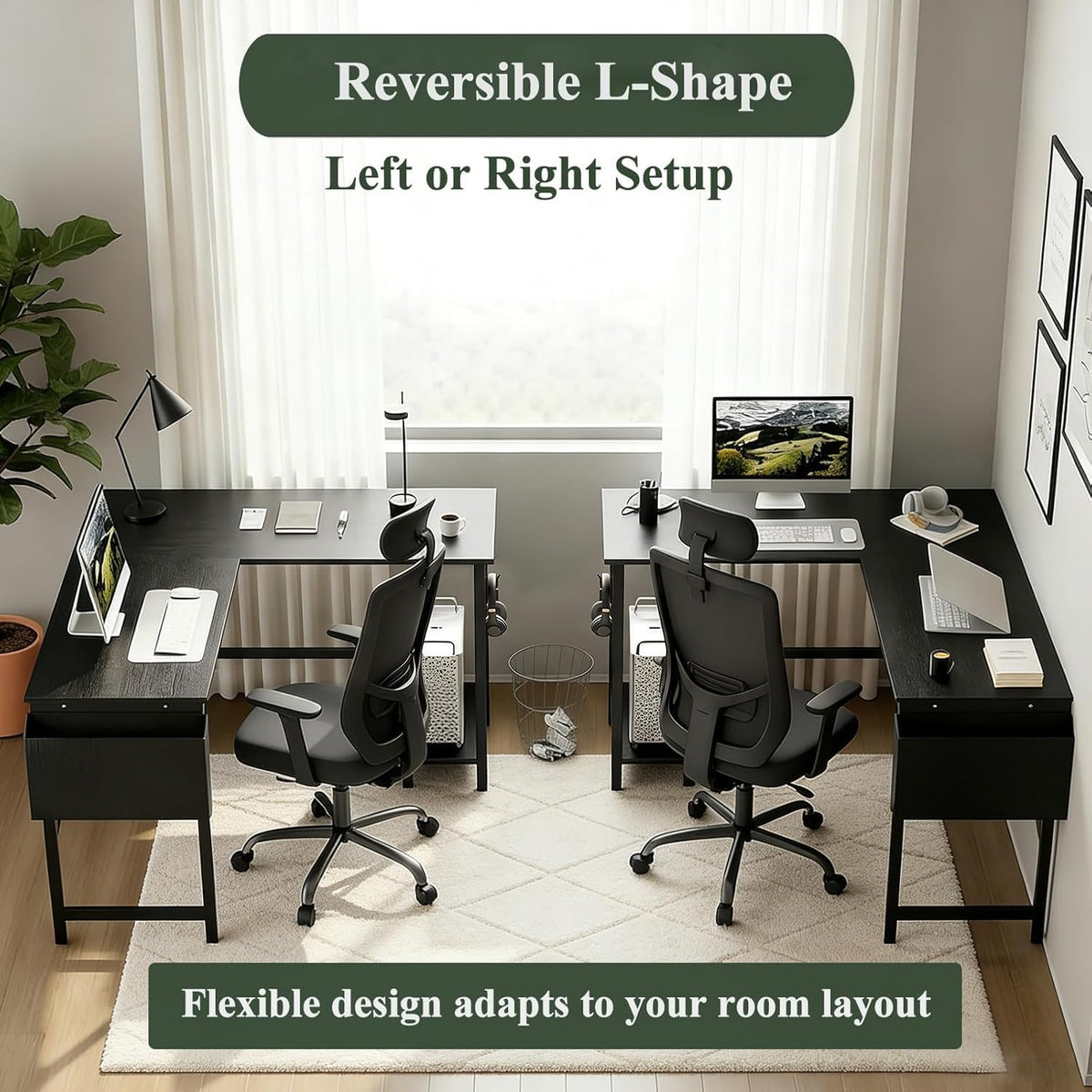 L Shaped 50 Inch Reversible Computer Desk with CPU Stand T6695