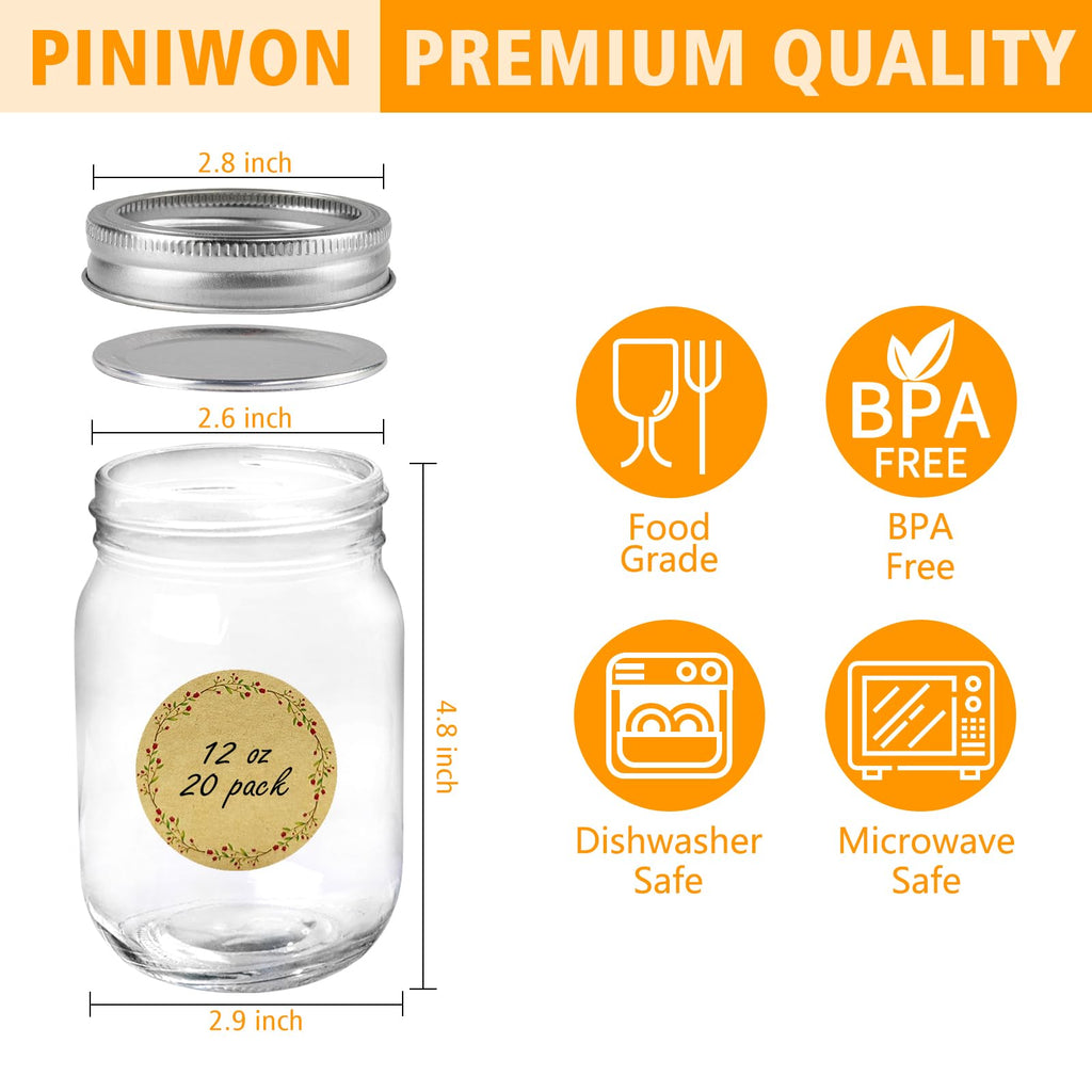 12 oz Mason Jars with Lids and Bands, 20 Pack T7709