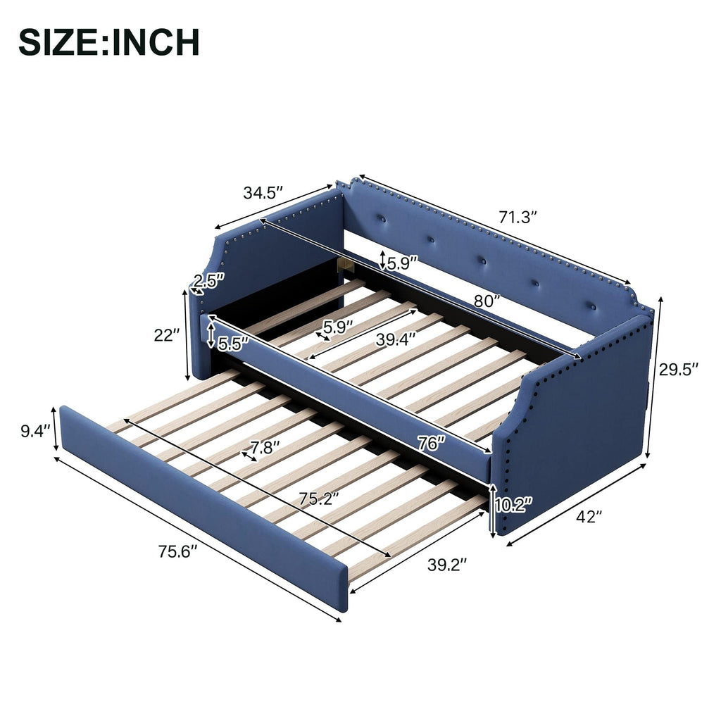 Blue Linen Fabric Upholstered Twin Daybed with Trundle B38270