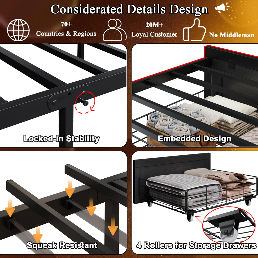 Black Twin Bed Frame with Storage Headboard and Drawers K4628