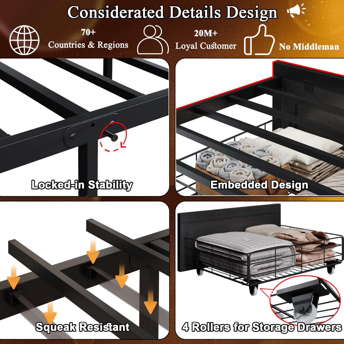 Black Twin Bed Frame with Storage Headboard and Drawers K4628