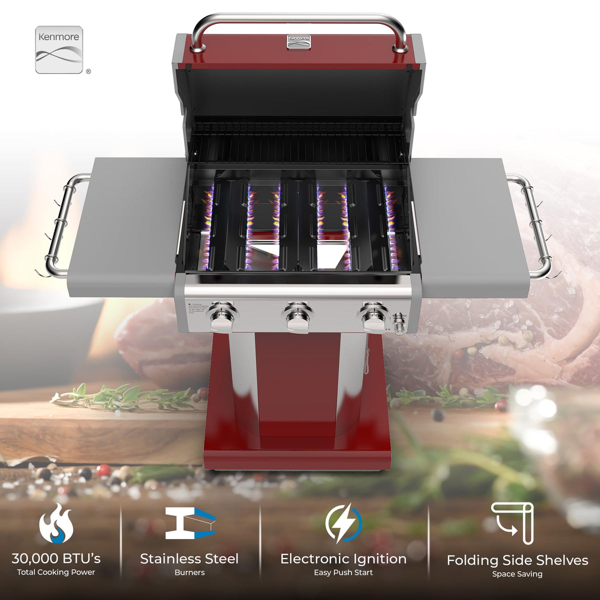 3-Burner Liquid Propane Gas Grill with Folding Sides, Wheels, 30000 BTU, Red V8790