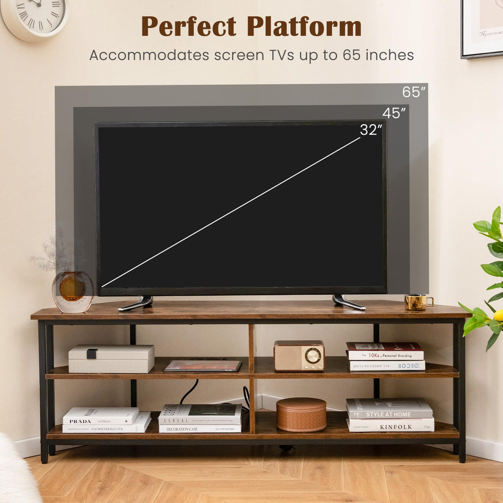 Corner TV Stand for TVs up to 65" with AC Outlets and Storage Shelves O493364