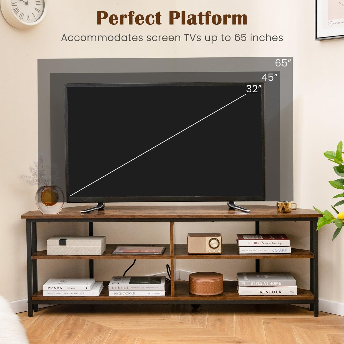 Corner TV Stand for TVs up to 65" with AC Outlets and Storage Shelves O493364