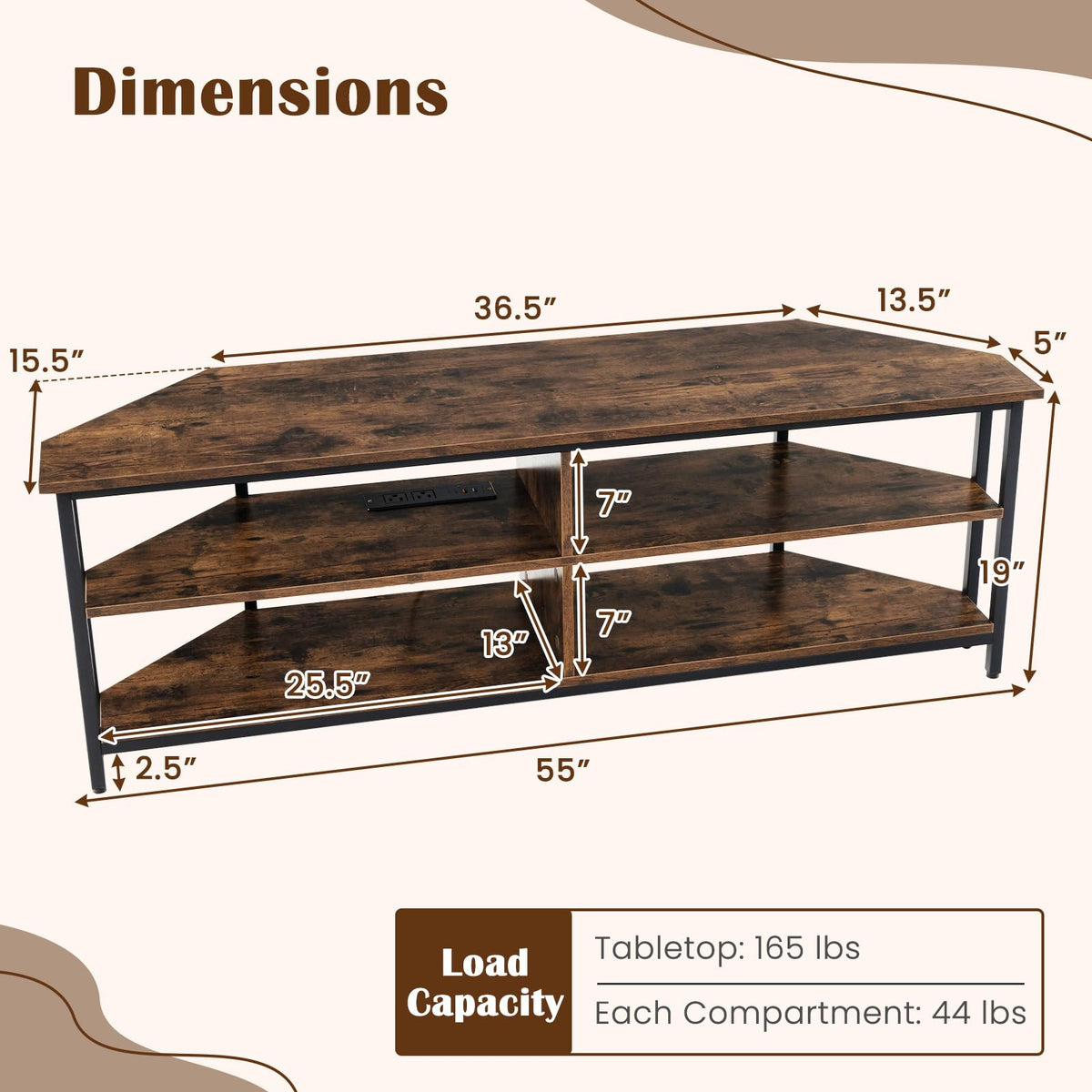 Corner TV Stand for TVs up to 65" with AC Outlets and Storage Shelves O493364