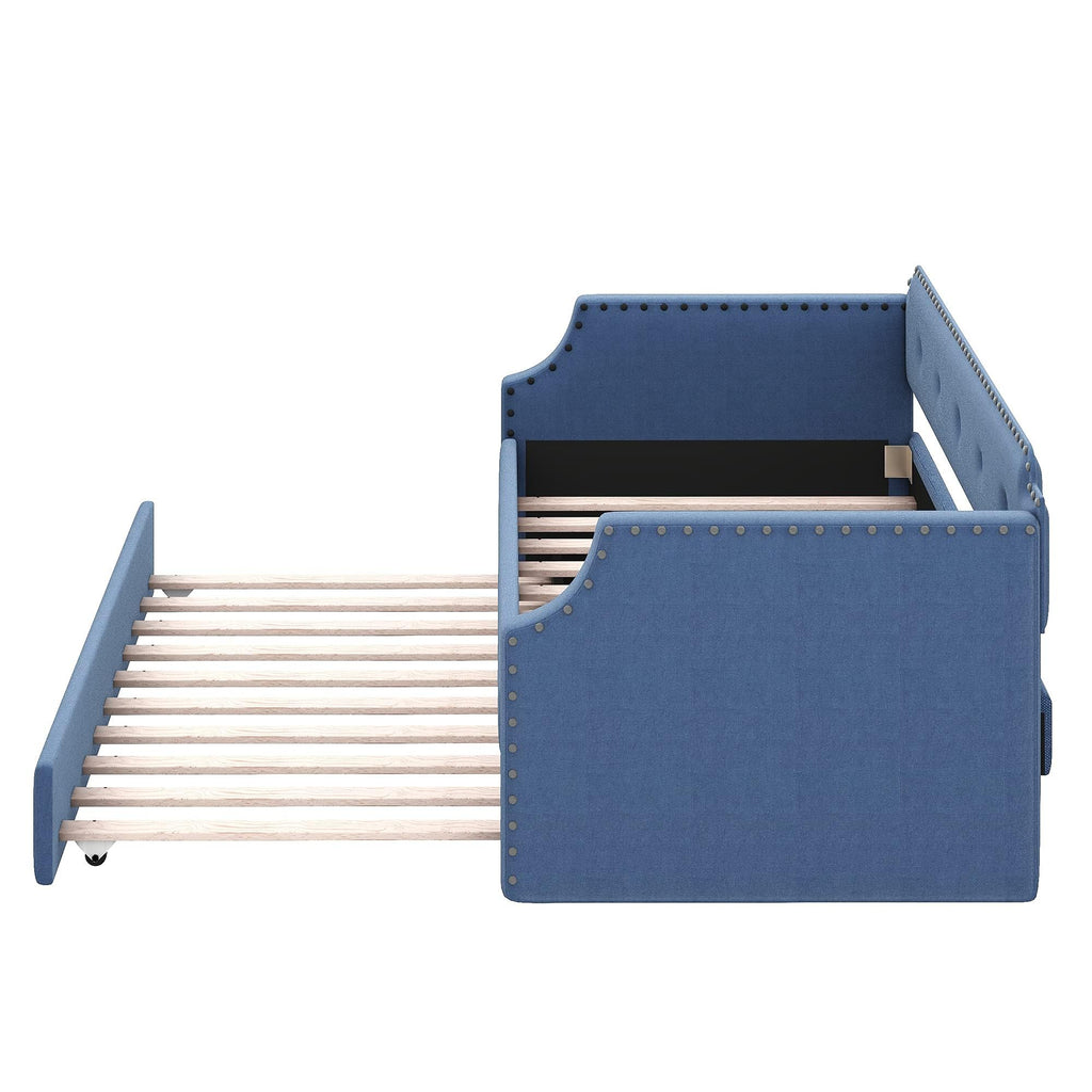 Blue Linen Fabric Upholstered Twin Daybed with Trundle B38270