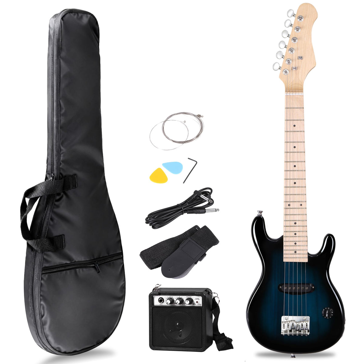 30 Inch Blue Solid Wood Electric Guitar Starter Kit with Amplifier I785