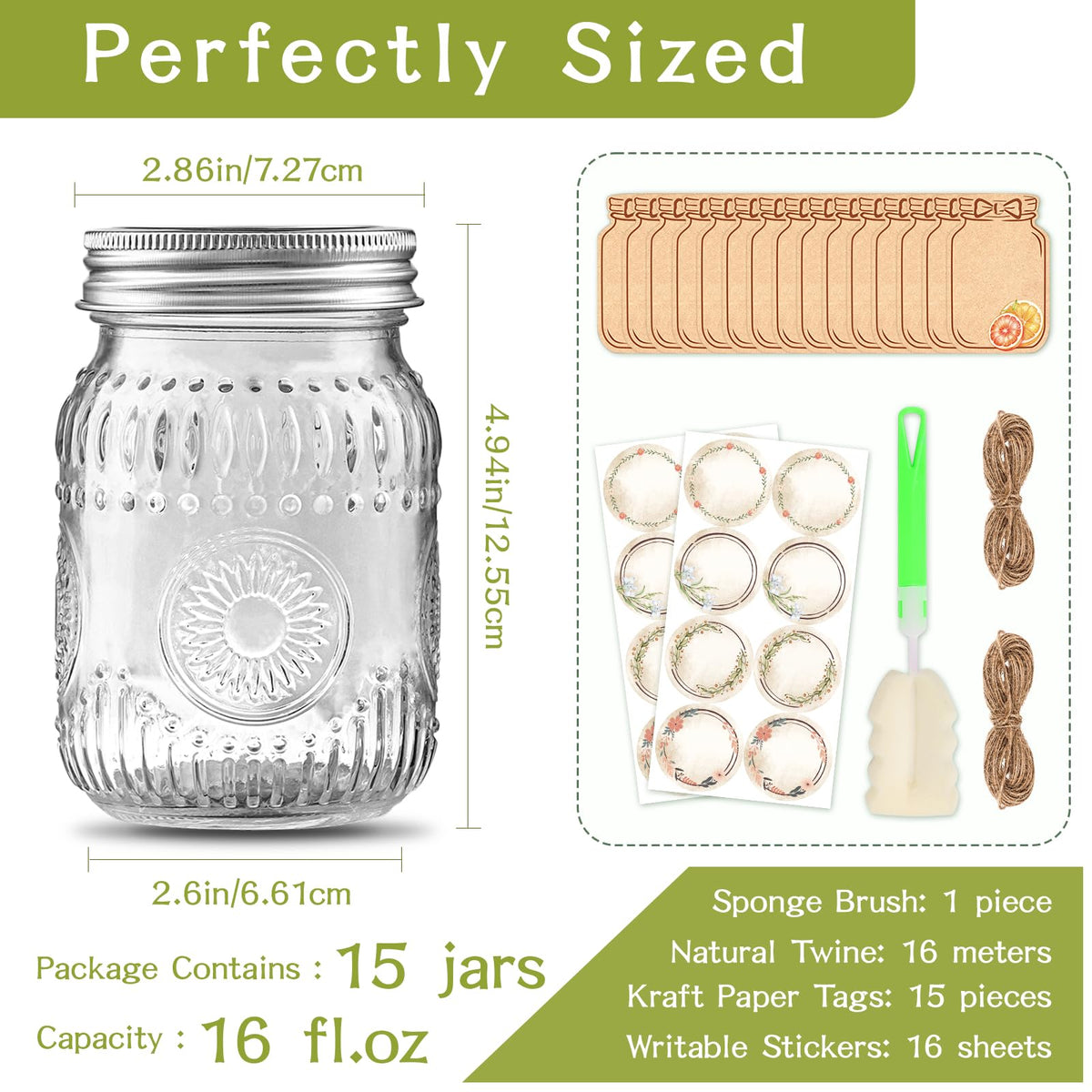 16 oz Embossed Glass Mason Jars 15Pack with Airtight Lids D2646