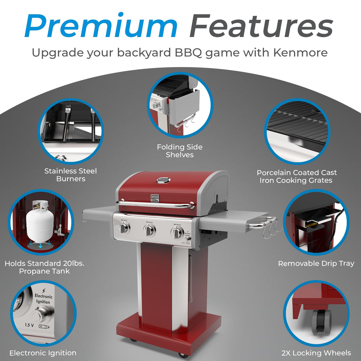 3-Burner Liquid Propane Gas Grill with Folding Sides, Wheels, 30000 BTU, Red V8790