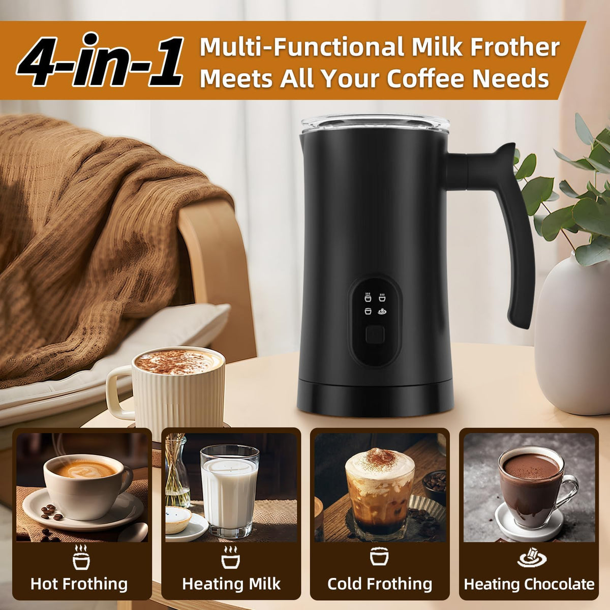 4-in-1 Electric Milk Frother, 350ml Black R866