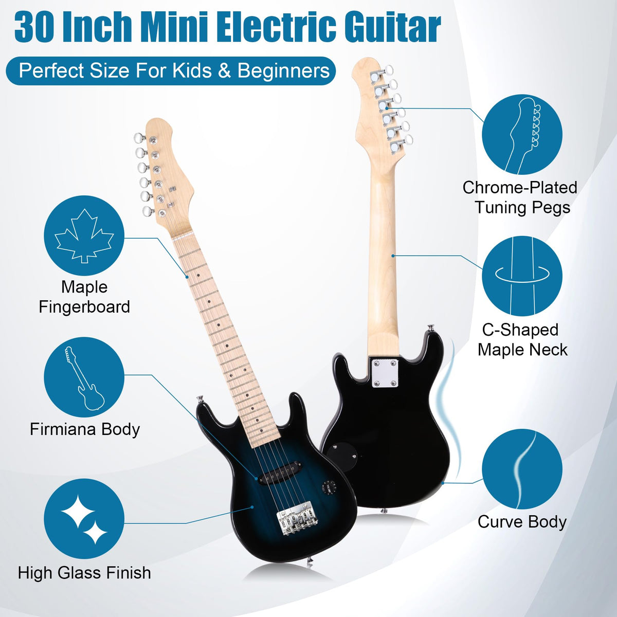 30 Inch Blue Solid Wood Electric Guitar Starter Kit with Amplifier I785
