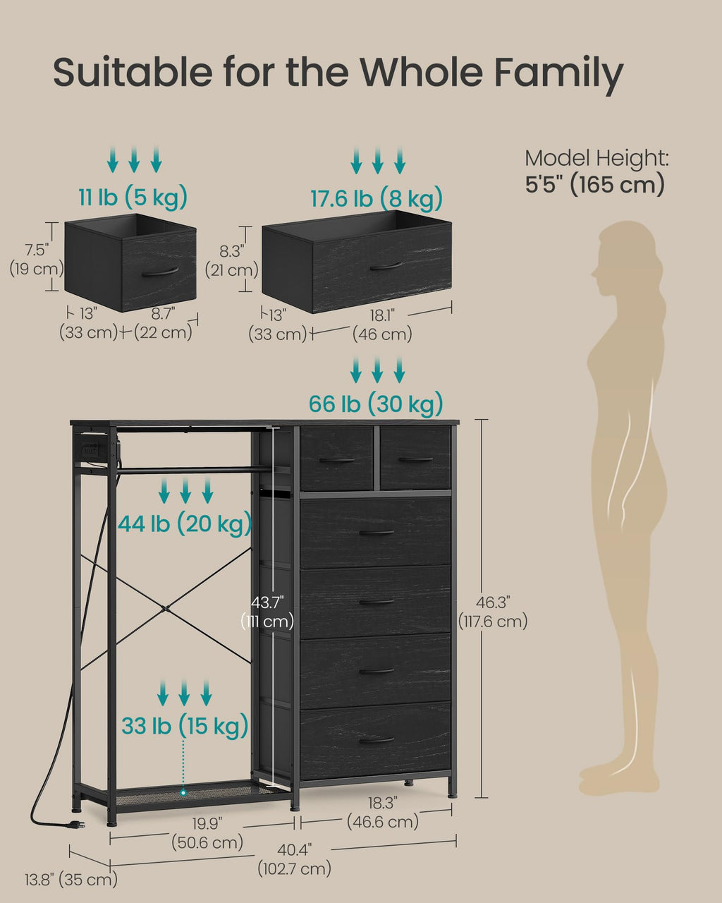 Dresser with Hanging Rod, Closet Organizer with 6 Fabric Drawers D2078