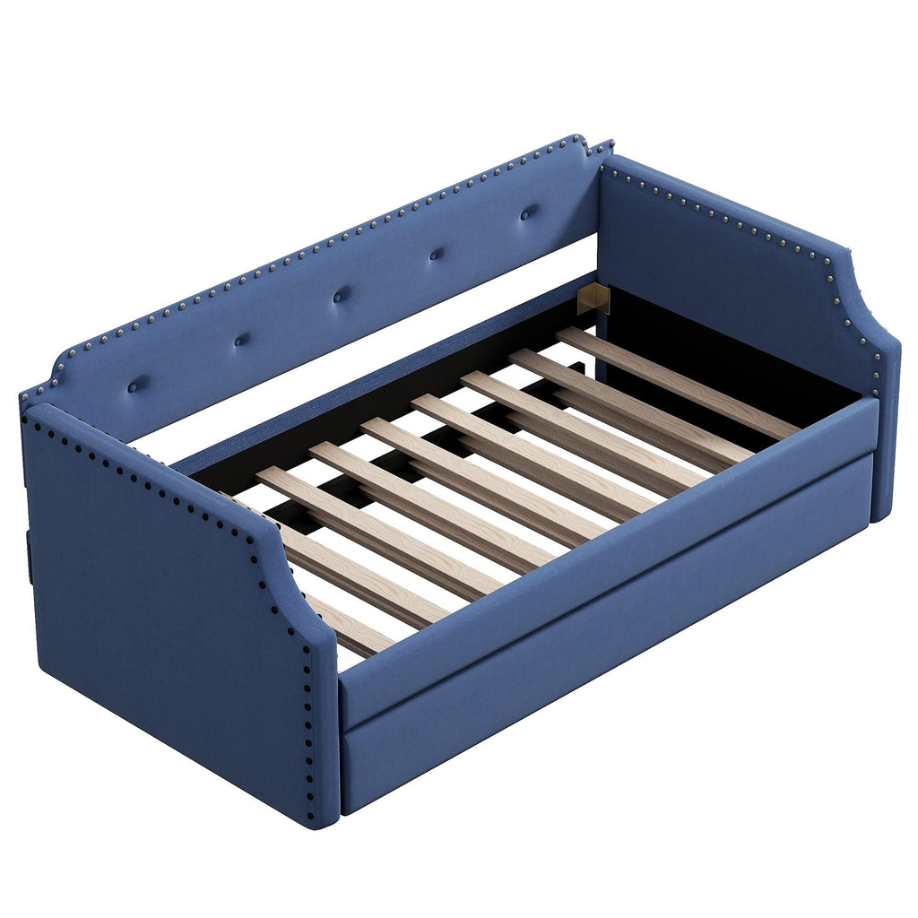 Blue Linen Fabric Upholstered Twin Daybed with Trundle B38270