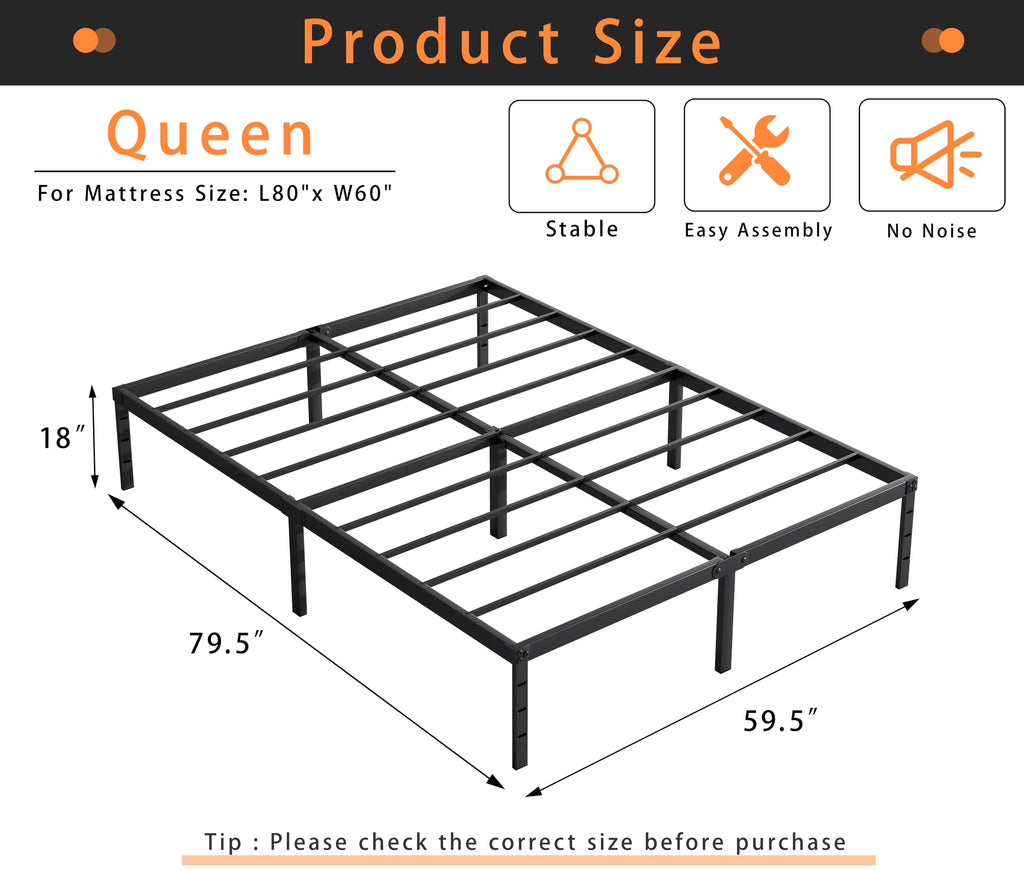Queen Size 18 Inch Tall Black Metal Platform Bed Frame H5066