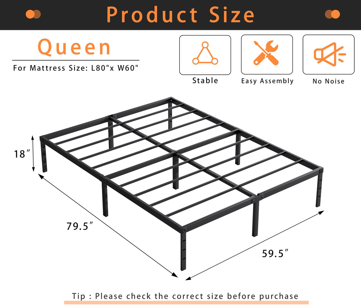 Queen Size 18 Inch Tall Black Metal Platform Bed Frame H5066