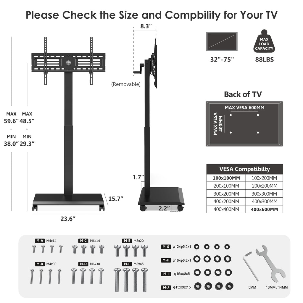 Hand Crank Lift TV Stand with Wheels for 32-75 Inch TVs, Black I239